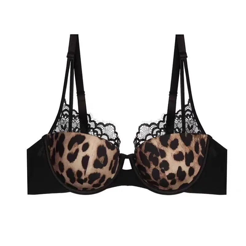 Nova chegada delicado macio underwire leopardo impressão copo fino conjunto de roupa interior push up anti flacidez lado controle gordura conforto bralette — image 1