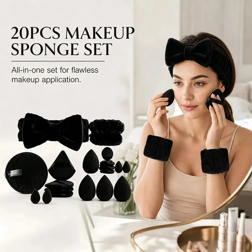 20 pçs conjunto de esponja de maquiagem liquidificador triângulo pó puff mini corretivo esponja rosto limpo lavagem puff bandana kit