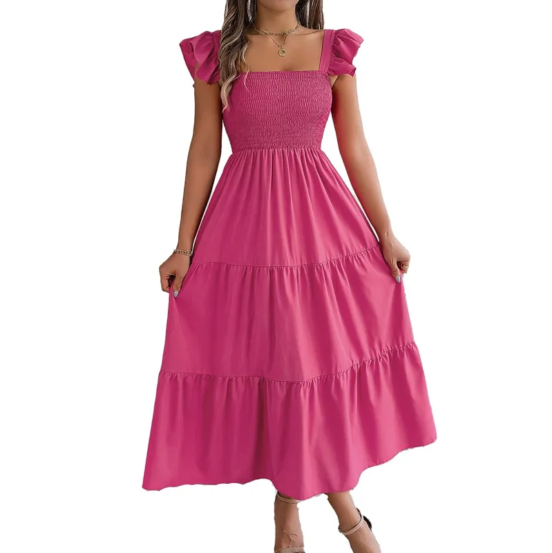 Msfilia vestido longo feminino liso sem mangas com gola quadrada evasê plissado para primavera e verão