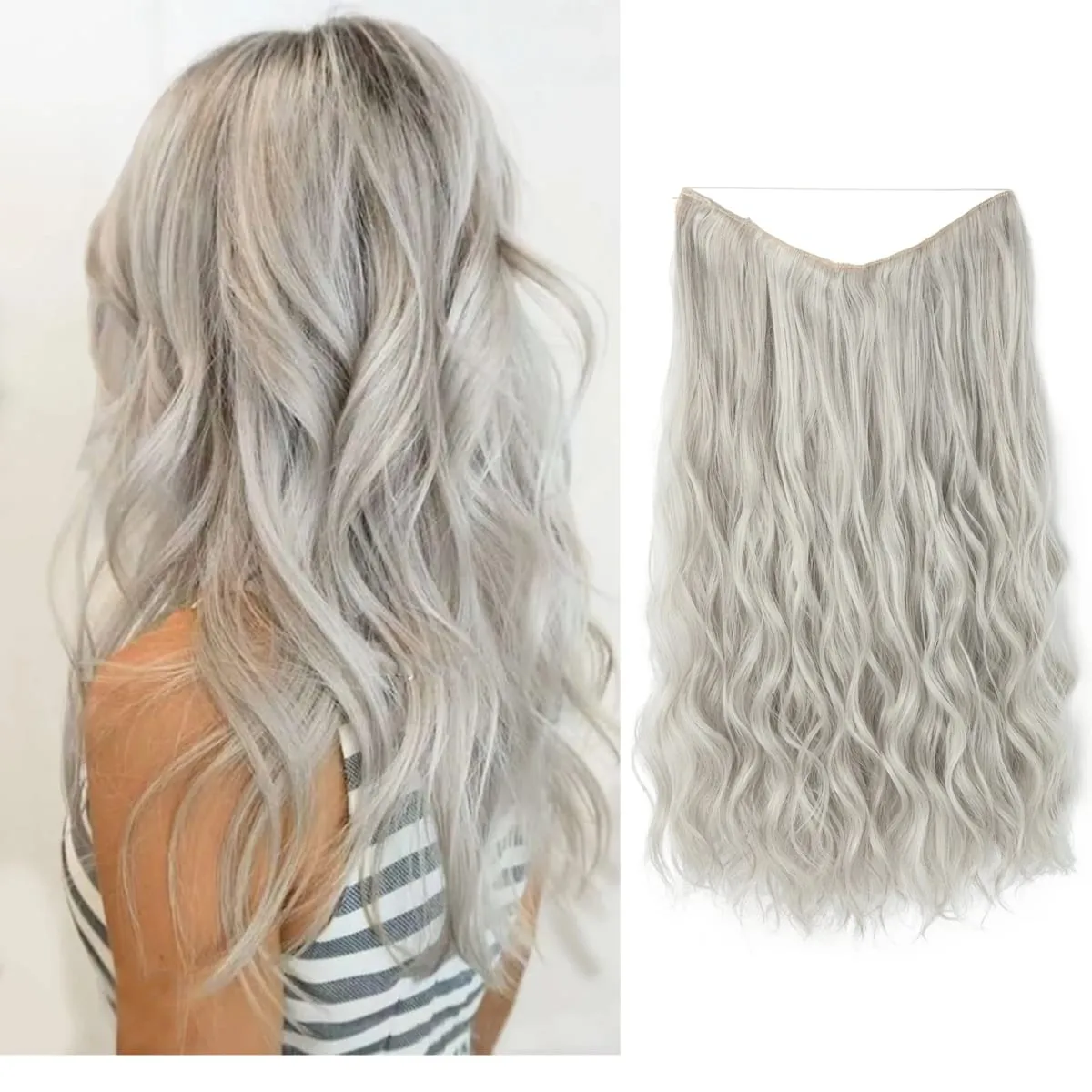 Fio invisível ondulado sintético com clipes, extensão de cabelo, linha de peixe, loiro natural, clipe em peça de cabelo falso