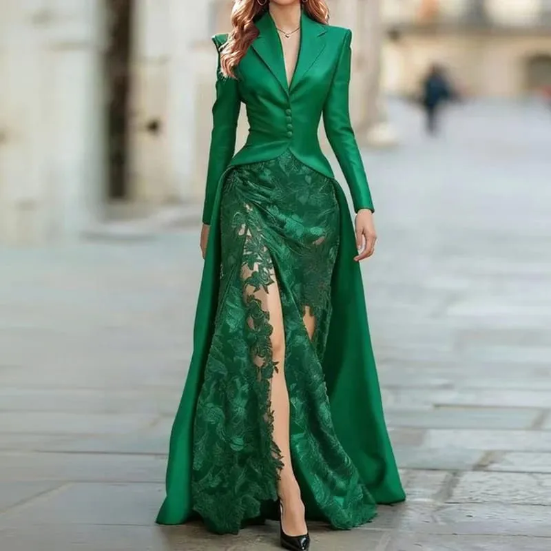 Outono feminino lapela botão superior e saia conjunto de duas peças rendas retalhos ajuste fino terno de festa elegante sólido formal ocasião outfit — image 6