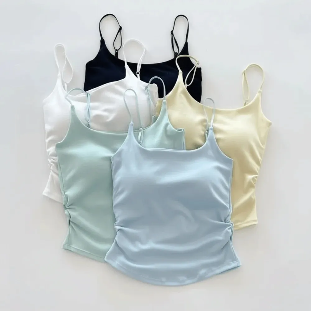 Simples sem mangas suspender colete fino com copos acolchoados camisola roupa interior curto colete atividades esportivas