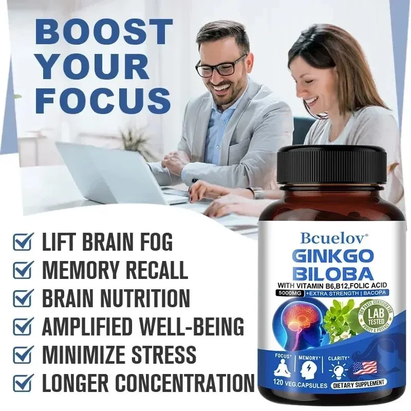Ginkgo Biloba 5000 mg Força Extra - Suporta Função Cerebral e Foco na Memória Alívio do Estresse 120 Cápsulas Vegetais