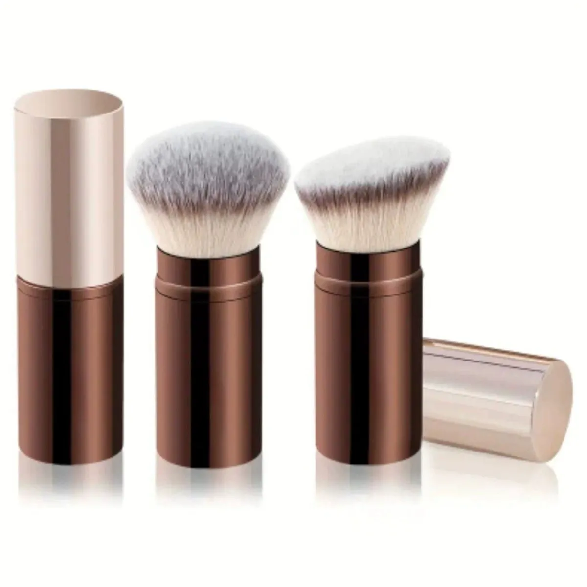 Pincel de maquiagem portátil para base, 2 peças, com tampa, retrátil, cabeça redonda, oblíquo, corretivo facial, blush, ferramentas de maquiagem