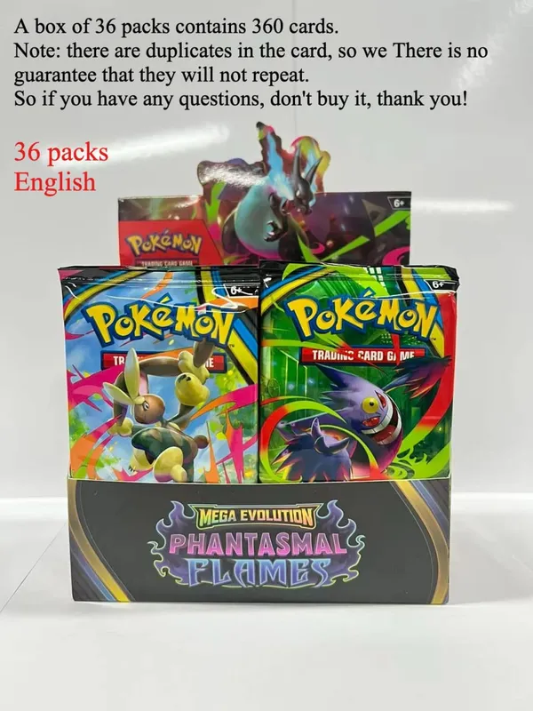 Cartão pokémon divertido 40-360 segundos, mega evolução, chamas fantasmas, reforço inglês, cartão de batalha, fãs de anime, brinquedo de presente de aniversário para crianças
