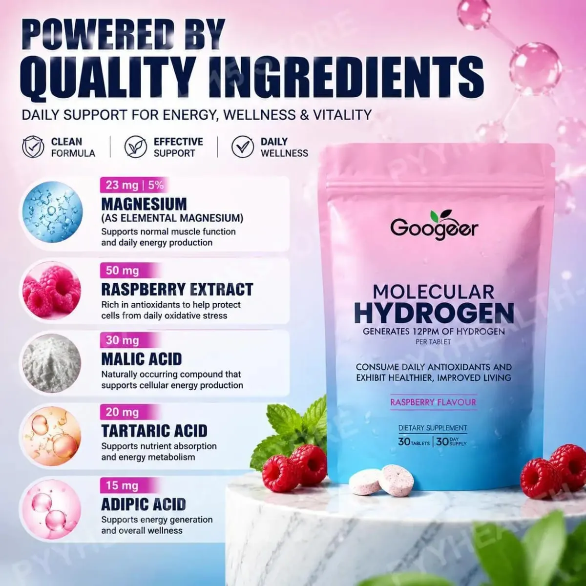 Comprimidos de água de hidrogênio molecular 12 ppm com sabor de framboesa de magnésio, bem-estar diário e suporte antioxidante 30 comprimidos
