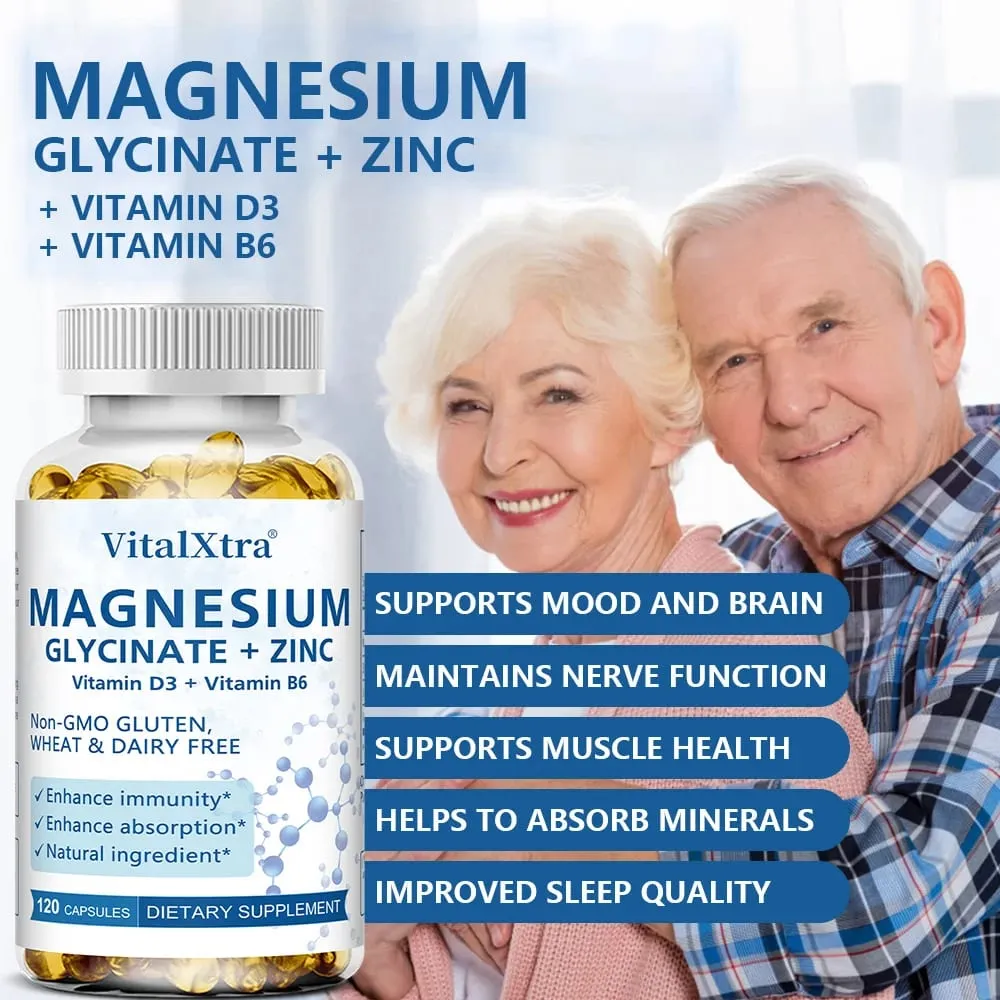 Magnesium Glycinate + Zinc Supplement - Supports Bones Immune System Heart Health Mineral Supplement Helps with Natural Sleep