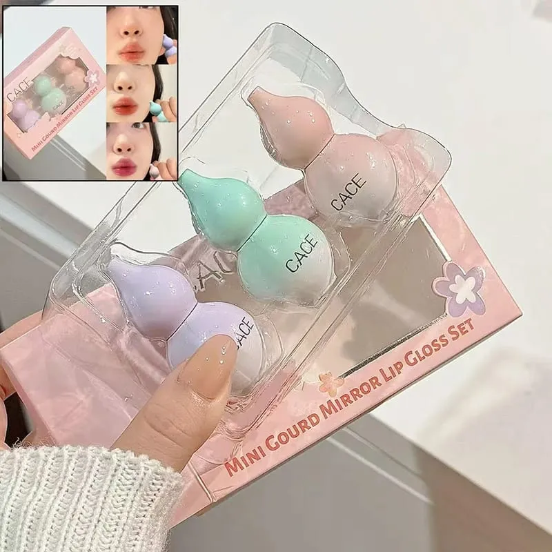 Mini Gourd Watery Mirror Lip Glaze Sets 3 Colors Lasting Moisturizing Water Glass Lipgloss Tint Hydrating Lip Stain Kits