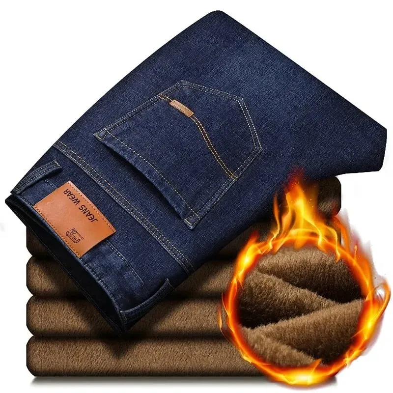Calça jeans masculina refletiva com forro de lã – forro grosso e quente, jeans durável e acabamento reflexivo, seguro para viagens noturnas de inverno e casual