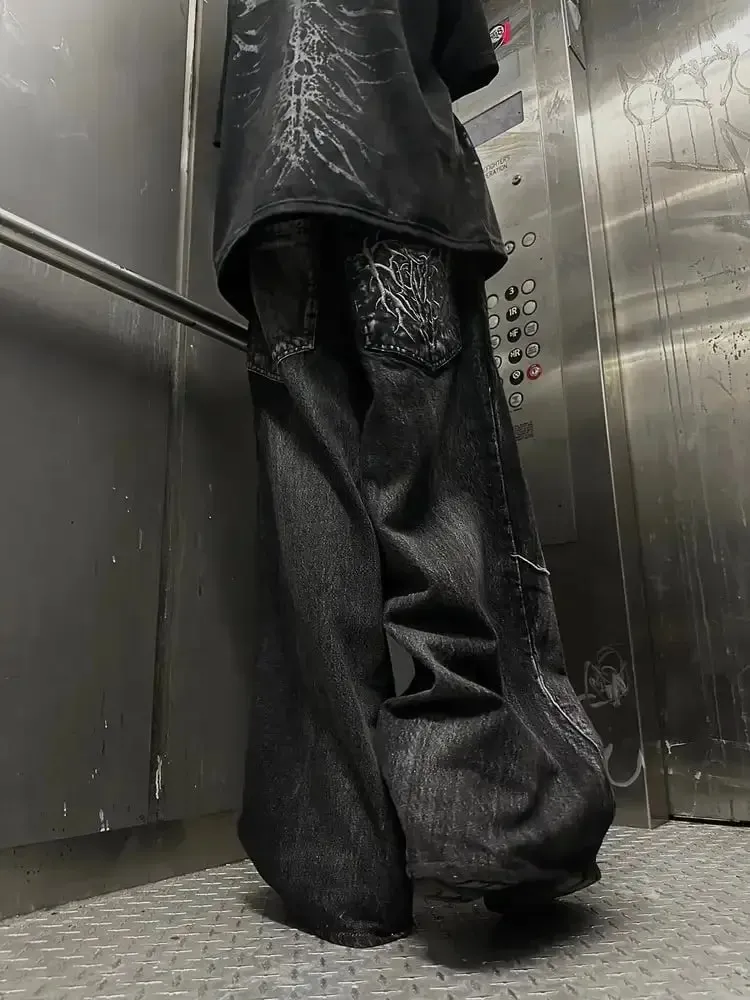 Vintage y2k calças de brim baggy emenda bordado padrão jeans de alta qualidade hip hop gótico streetwear masculino feminino casual calças de perna larga