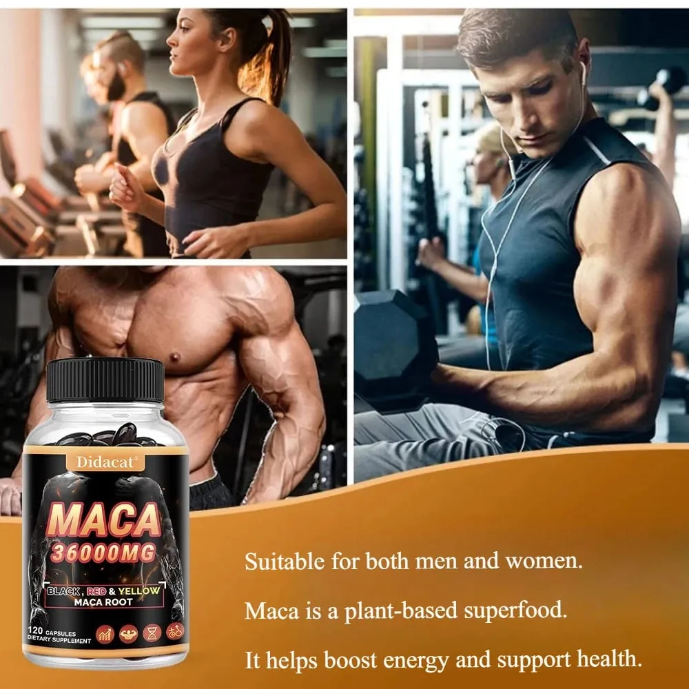 Cápsulas orgânicas em pó de raiz de maca com suplemento de extrato de raiz de maca preto + vermelho + amarelo para homens e mulheres - 120 cápsulas
