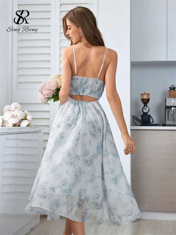 Women Floral Spaghetti Strap Dress Elastic Ruched Sexy Hollow Backless Party Dress Summer Boho Vacation Beach Sundress