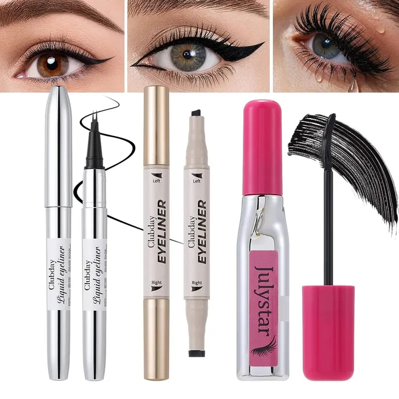 Kit de olhos de 3 peças de longa duração, delineador de sobrancelha de ponta dupla, delineador com estampa de asa, rímel volumizador, cria looks deslumbrantes