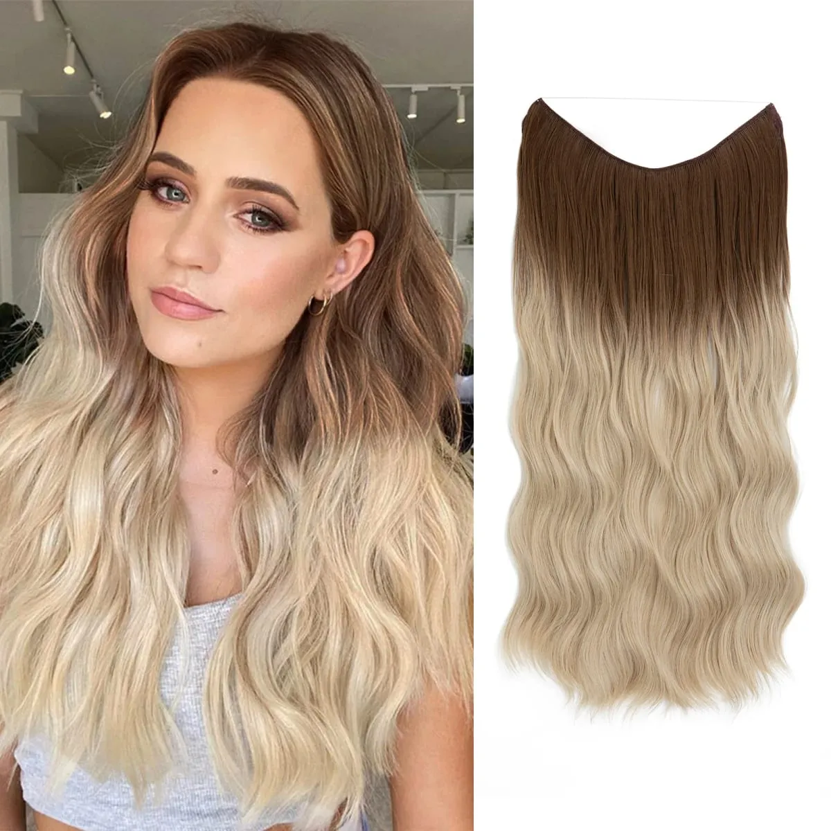 Fio invisível ondulado sintético com clipes, extensão de cabelo, linha de peixe, loiro natural, clipe em peça de cabelo falso