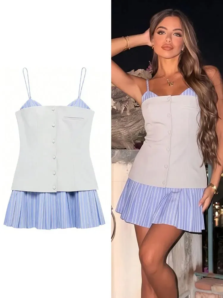 Hh feminino elegante festa falsa 2 peças corpete sólido listrado saia plissada verão praia férias casual alça espaguete mini vestido