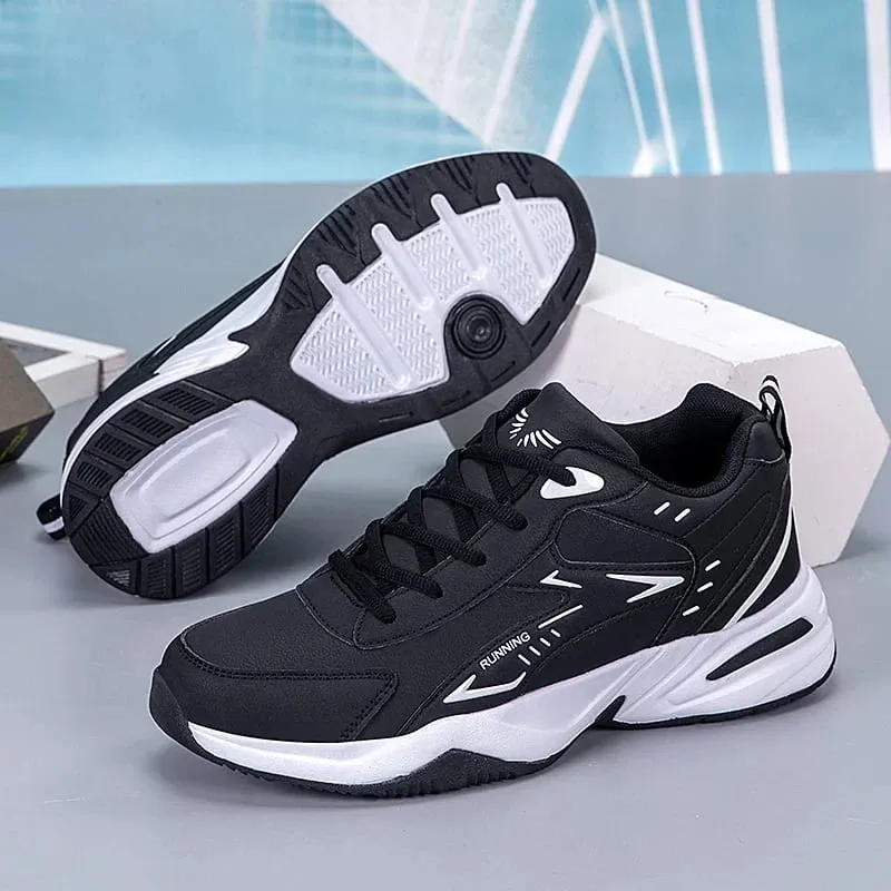 Tênis robusto para homens sola grossa versátil 2025 nova tendência malha rendas até sapatos esportivos casuais respiráveis ​​solas macias aumentadas
