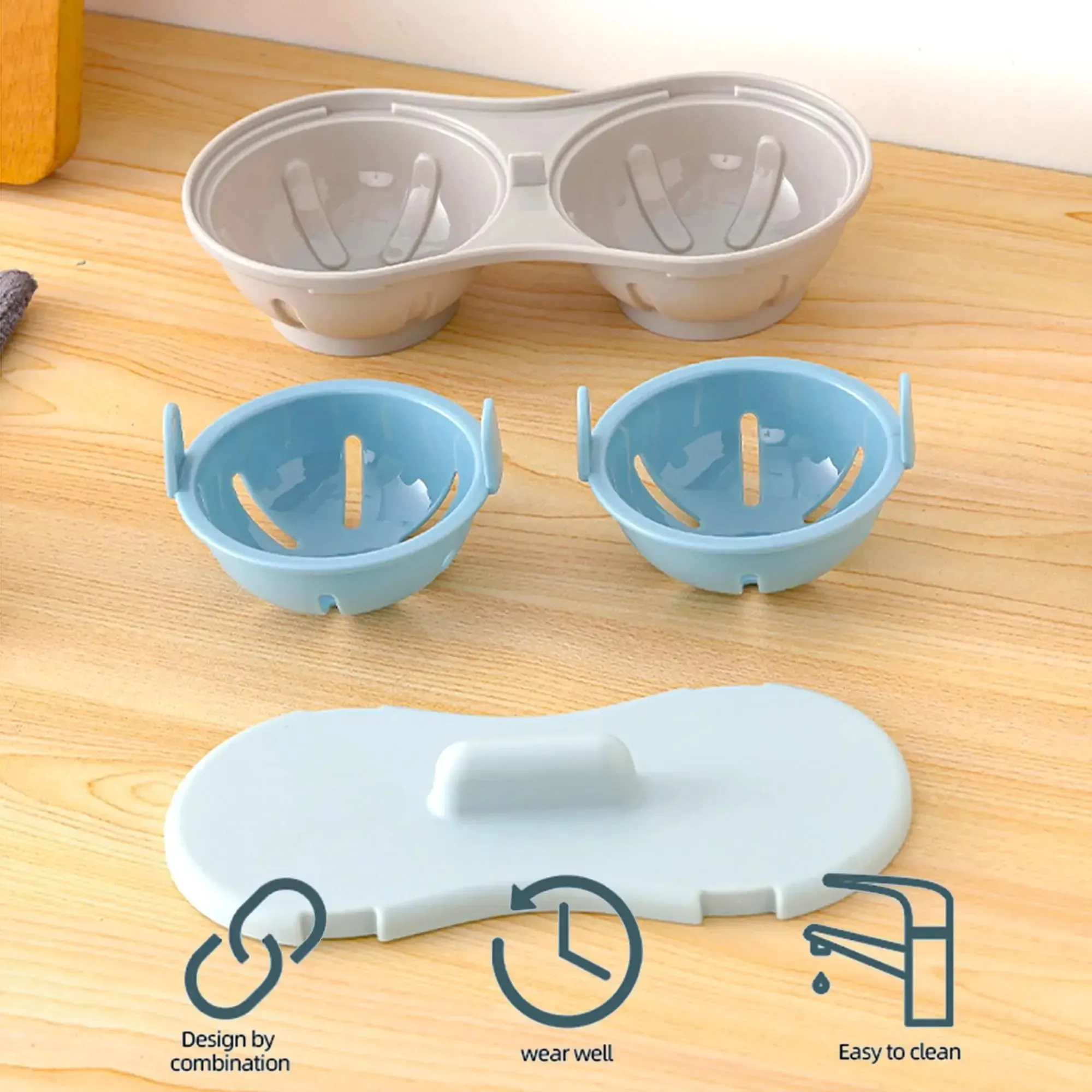 Escalfador de ovos de micro-ondas eficiente, escalfador de ovos duplo, cozinhar ovos escalfados com cesta de drenagem removível, calor para cozinha