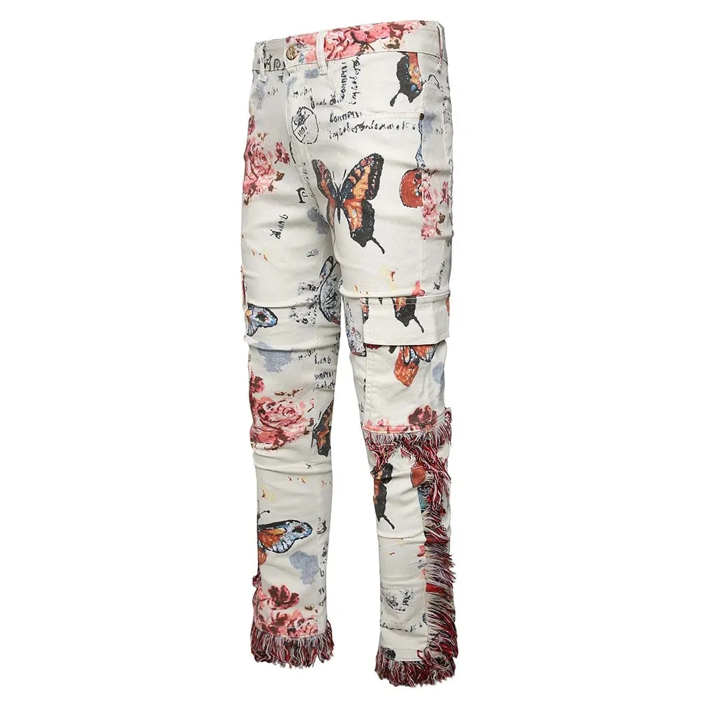 Homens borboleta impressão jeans jeans padrão de flor branco estiramento algodão calças finas borlas multi bolsos carga boa qualidade