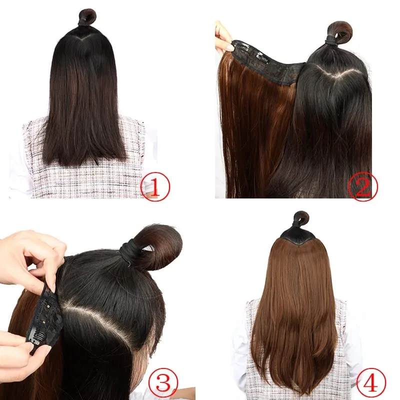 22 Polegada sintético longo micro encaracolado em camadas extensão do cabelo remendo natural olhando invisível peruca de uma peça para mulher — image 7