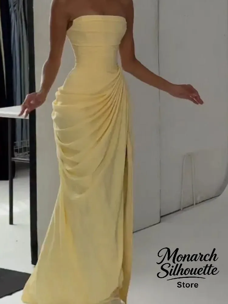 Elegante amarelo sem alças plissado vestido longo feminino chique sólido sem mangas cintura cinching split vestido 2026 senhora festa de noite robes