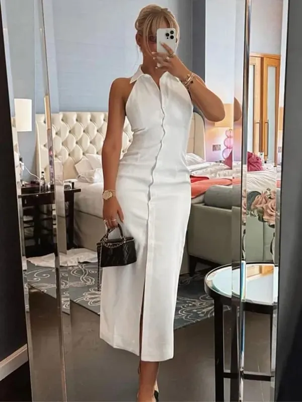 White Single Breasted Denim Dress Elegant Short Sleeve Lapel Bodycon Women's Dresses 2026 Summer Lady Chic Commute Street Robes