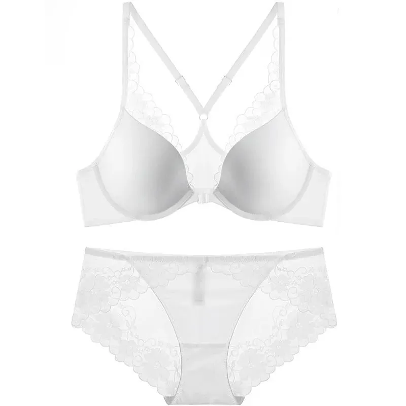 Sutiãs femininos sexy de alta qualidade e breve conjunto de duas peças frontal fechado push up renda A B C copo fio lingerie de verão roupa íntima preta