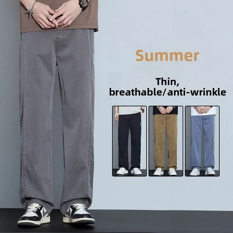 Calça jeans masculina fina de lyocell, verão, seda gelada, perna larga, solta, perna reta, elástica, calças ultrafinas, tamanhos M-5XL