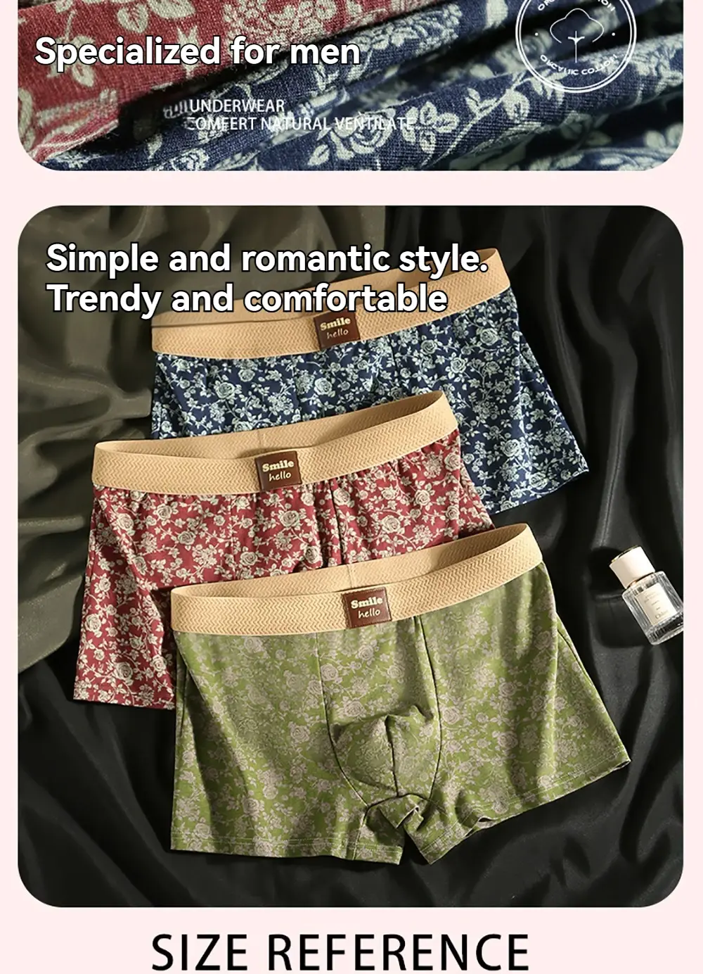 3 unidades/pacote romântico rosa impressão calcinha masculina de algodão macio e confortável respirável boxer homme 3d grande espaço bolsa roupa interior masculina