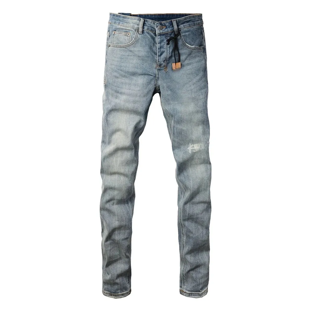Jeans masculino high street light azul lavado desgastado com letras bordadas botão mosca adequado para todas as estações