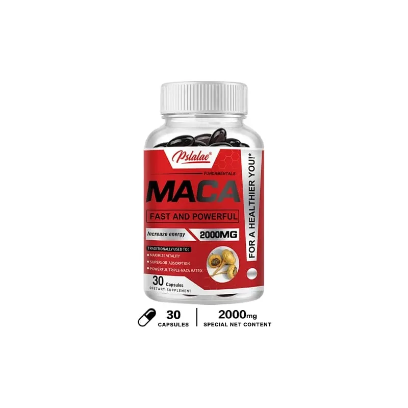 Cápsulas de raiz de maca para homens e mulheres para maximizar a vitalidade e o desempenho, feitas com maca preta, maca vermelha e maca amarela em pó
