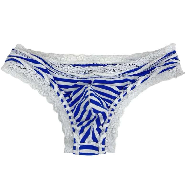 Homens rendas guarnição listrado g-string roupa interior meia coberta bunda baixa cintura respirável sexy u bulge bolsa confortável tong