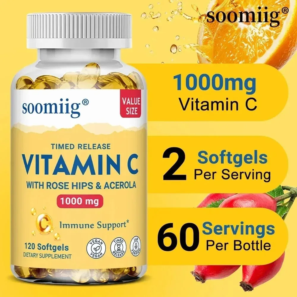 Cápsulas de vitamina C 1000 mg - Suporte imunológico, produção de energia celular, melhora o brilho da pele, dentes e saúde do coração