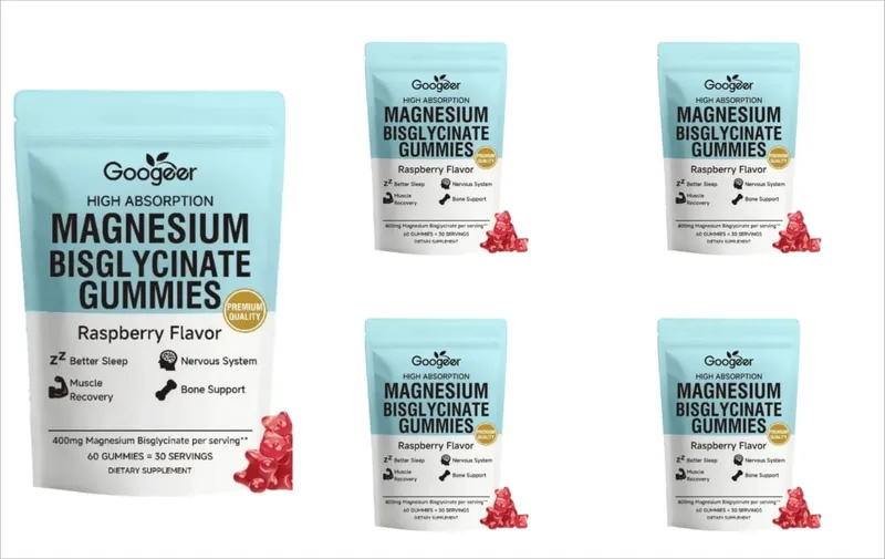Gomas de bisglicinato de magnésio 400mg Sabor de framboesa apoia a saúde óssea e a função muscular Suplemento dietético para adultos Contagem de 60