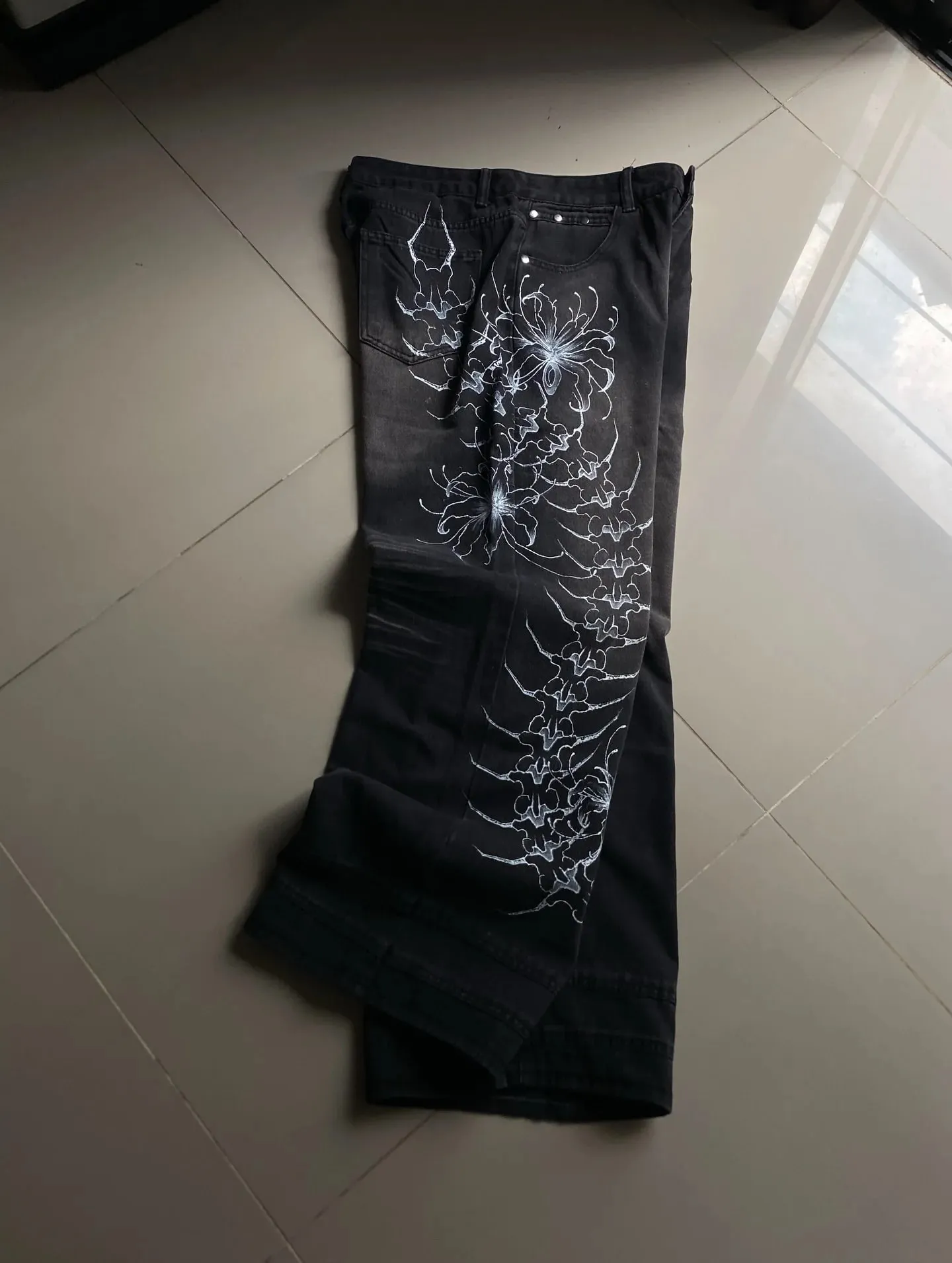 Y2K Vintage Gótico High Street Denim Preto Lavado Gradiente Espinha Aranha Lírio Estampa Jeans Perna Larga