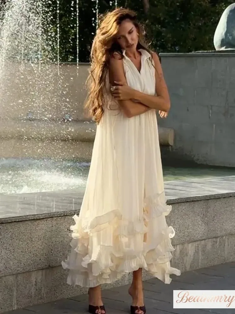 Sólido multi-camada babados maxi vestido feminino elegante sem mangas fora do ombro vestidos de cintura alta 2026 férias roupas femininas