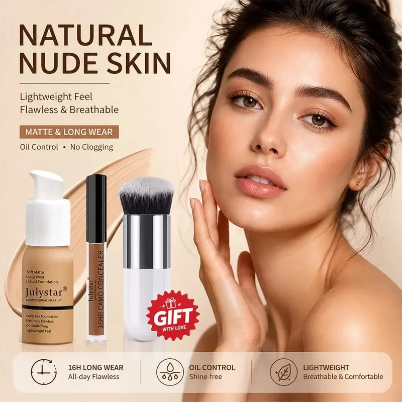 Kit de maquiagem base de 3 peças, base e pincel sem corretivo. Cobertura total leve e mate 16H Oil-Control para um rosto diário natural