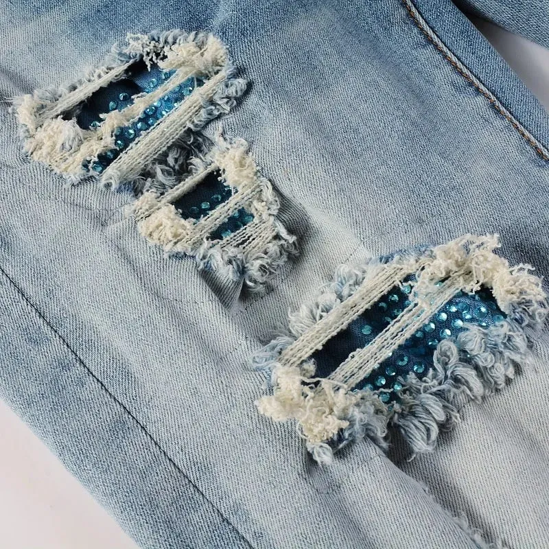 Homens de cristal remendo jeans jeans streetwear azul retalhos calças estiramento rasgado angustiado magro cônico calças
