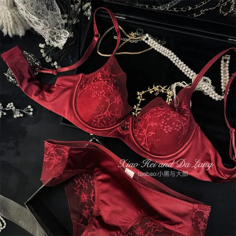 French Satin Lace Ladies Bra Set Push Up Anti Sagging Full Coverage Lingerie Soft Breathable Comfort Underwear Daily Use 32‑38AB