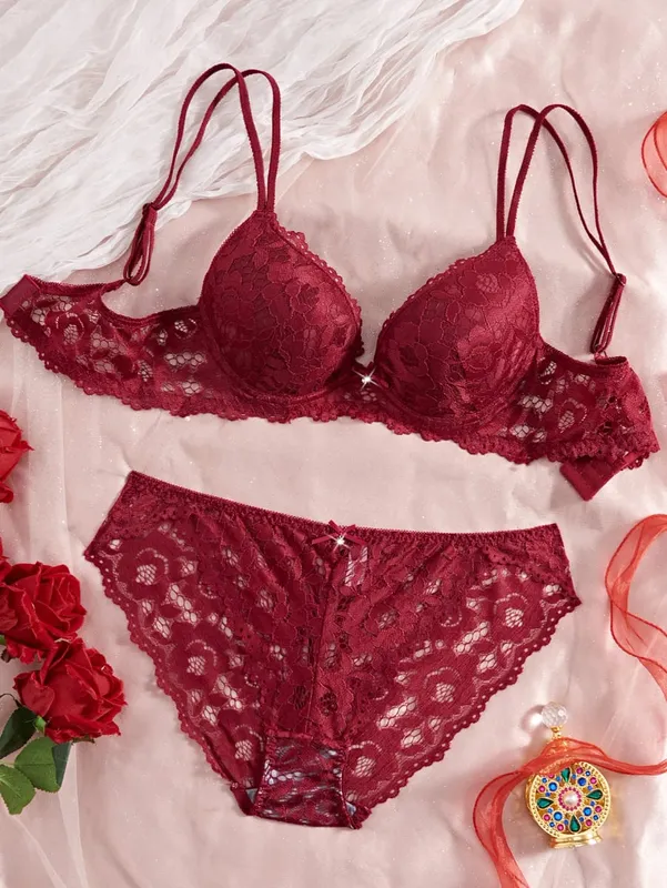 Conjunto de lingerie sexy feminina renda patchwork cor sólida laço strass embelezado push-up alça de ombro dupla sem forro roupa íntima confortável renda semitransparente calcinha respirável