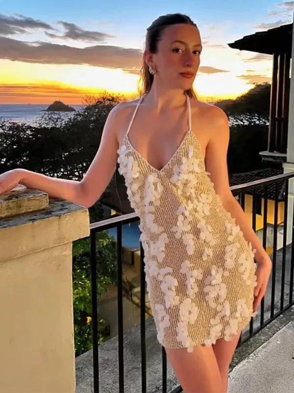 Mulheres sólido lantejoulas mini vestido halter pescoço profundo decote em v bodycon sem mangas vestidos brilhantes formal clube festa cocktail vestidos novo