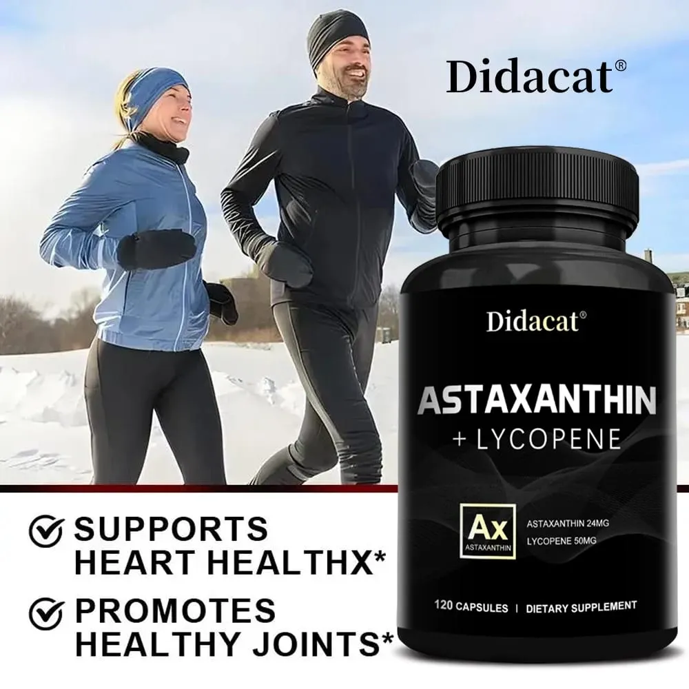 Astaxantina 24 mg + licopeno 50 mg antioxidante natural de microalgas suplemento de astaxantina apoia a saúde da pele dos olhos não-OGM