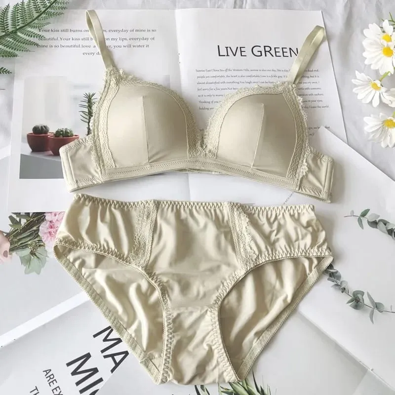 Conjunto de lingerie brilhante de cor sólida, sutiã triangular e conjunto de calcinha, anel confortável sem aço, roupa íntima push up