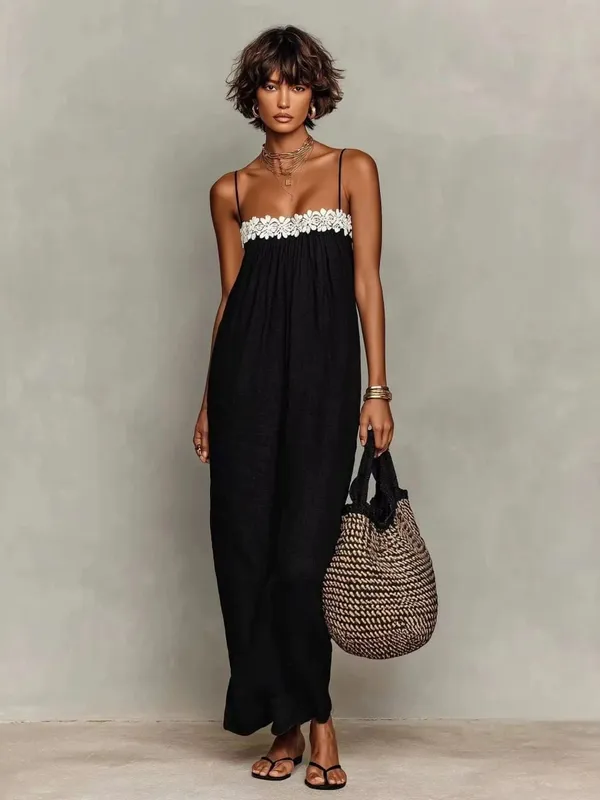 Vestido maxi boho feminino de verão, alça espaguete, renda, patchwork, praia solta, casual, férias, vestidos longos