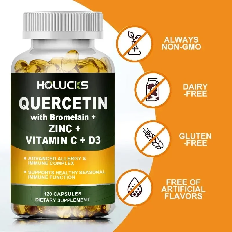 Suplemento avançado de quercetina vitamina C + D3 com bromelaína para imunidade, saúde da pele e ossos fortes, vitalidade geral vegana