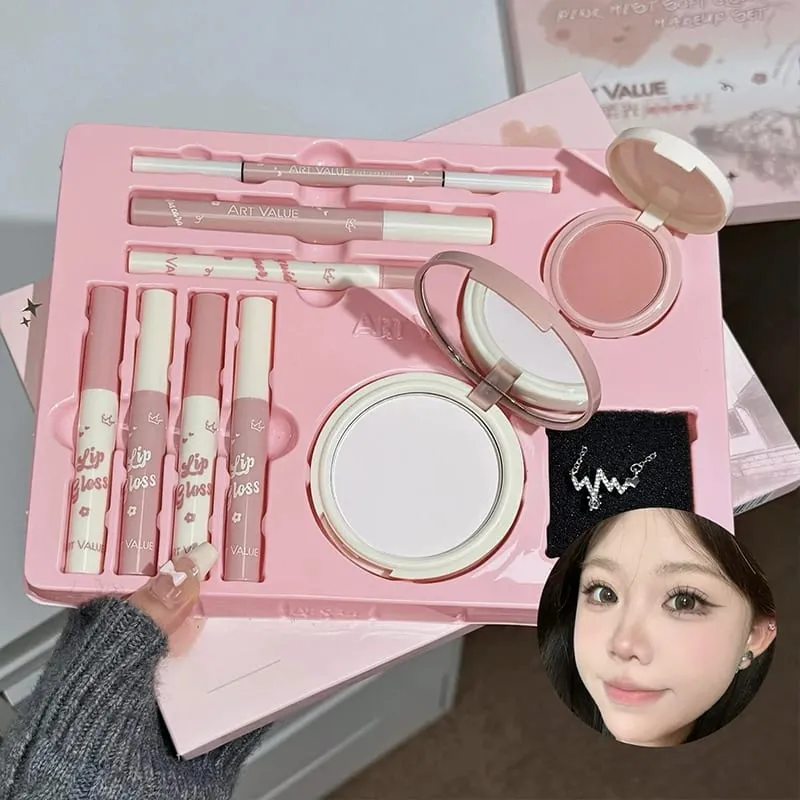 Conjunto de maquiagem ART VALUE inclui 4 esmalte labial, 1 pó prensado, 1 blush, 1 delineador, 1 lápis de sobrancelha, 1 rímel com cosméticos para pescoço