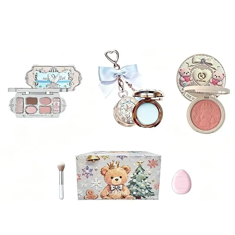 Exquisite 3D Embossed Design 3 in1 Heart Keychain Lip Balm Fine Shimmer Eyeshadow Palette Embossed Powder Blush