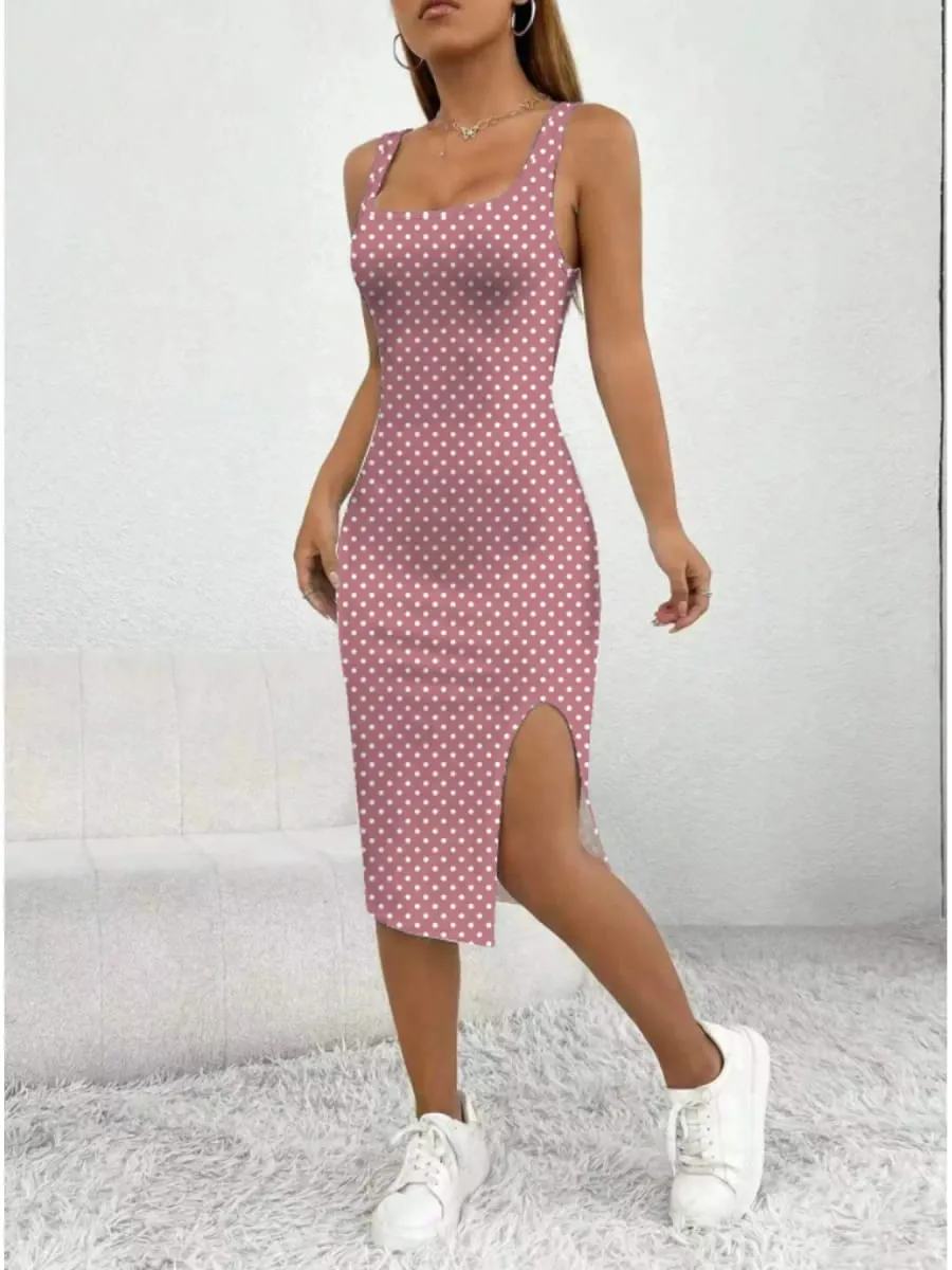 Vestido feminino casual elegante com alça grossa, gola quadrada, sem mangas, estampa de bolinhas, saia de comprimento médio — image 4