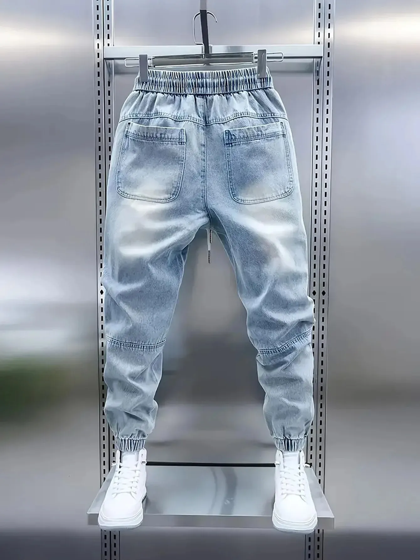 Men's New Drawstring Elastic Waist Light Blue Cuffed Baggy Jeans