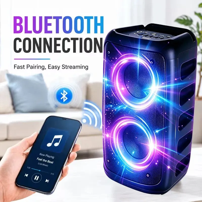 Alto-falante Bluetooth profissional grande de 9900 Hz com microfone Design portátil com subwoofer Party Box Luzes LED Compatível com BT / USB / TF / AUX / FM / TWS / MIC / EQ Funções Karaokê profissional. Presente ideal para aniversários, Natal e Ano Novo