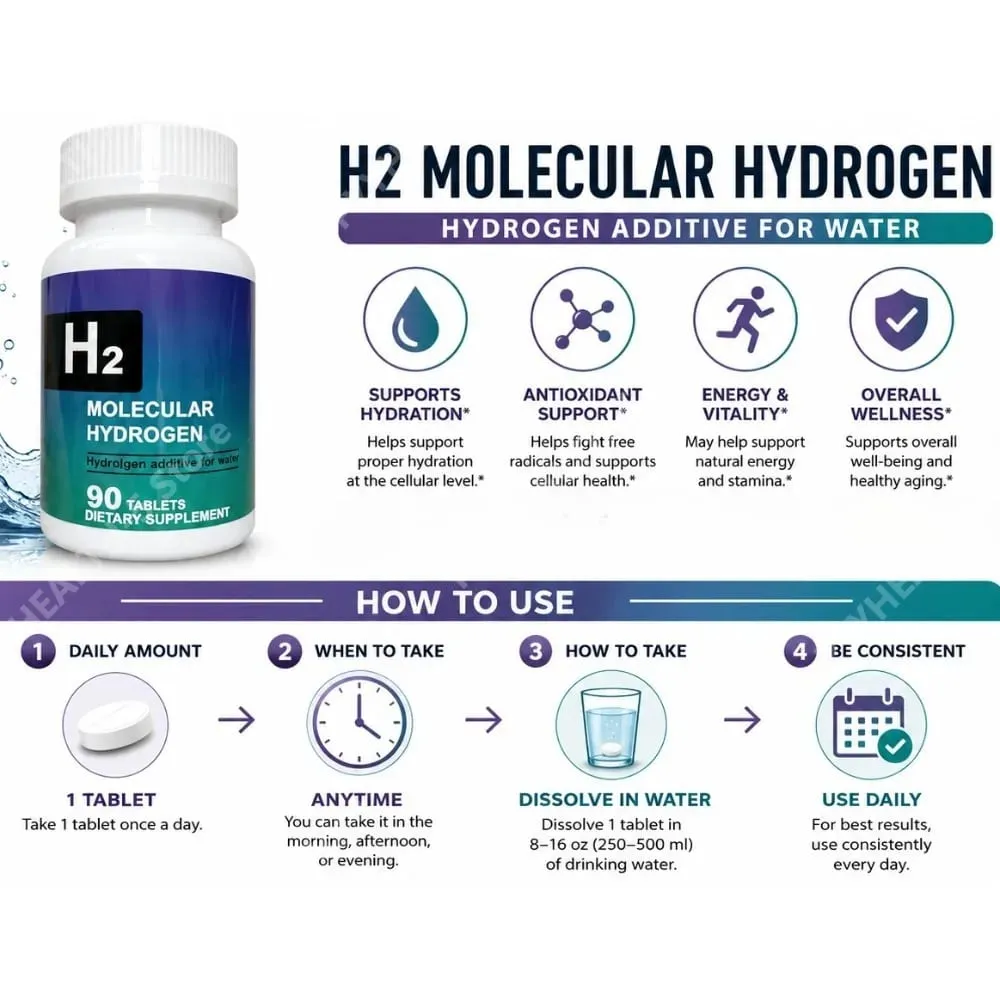 Comprimidos de água de hidrogênio, aditivo de água molecular de hidrogênio H2 de 90 contagens com magnésio para suporte diário de hidratação